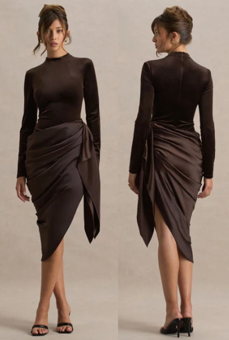 NWT Club London Sasha Satin & Velvet Midi Dress With Wrap-Detail Chocolate US 2